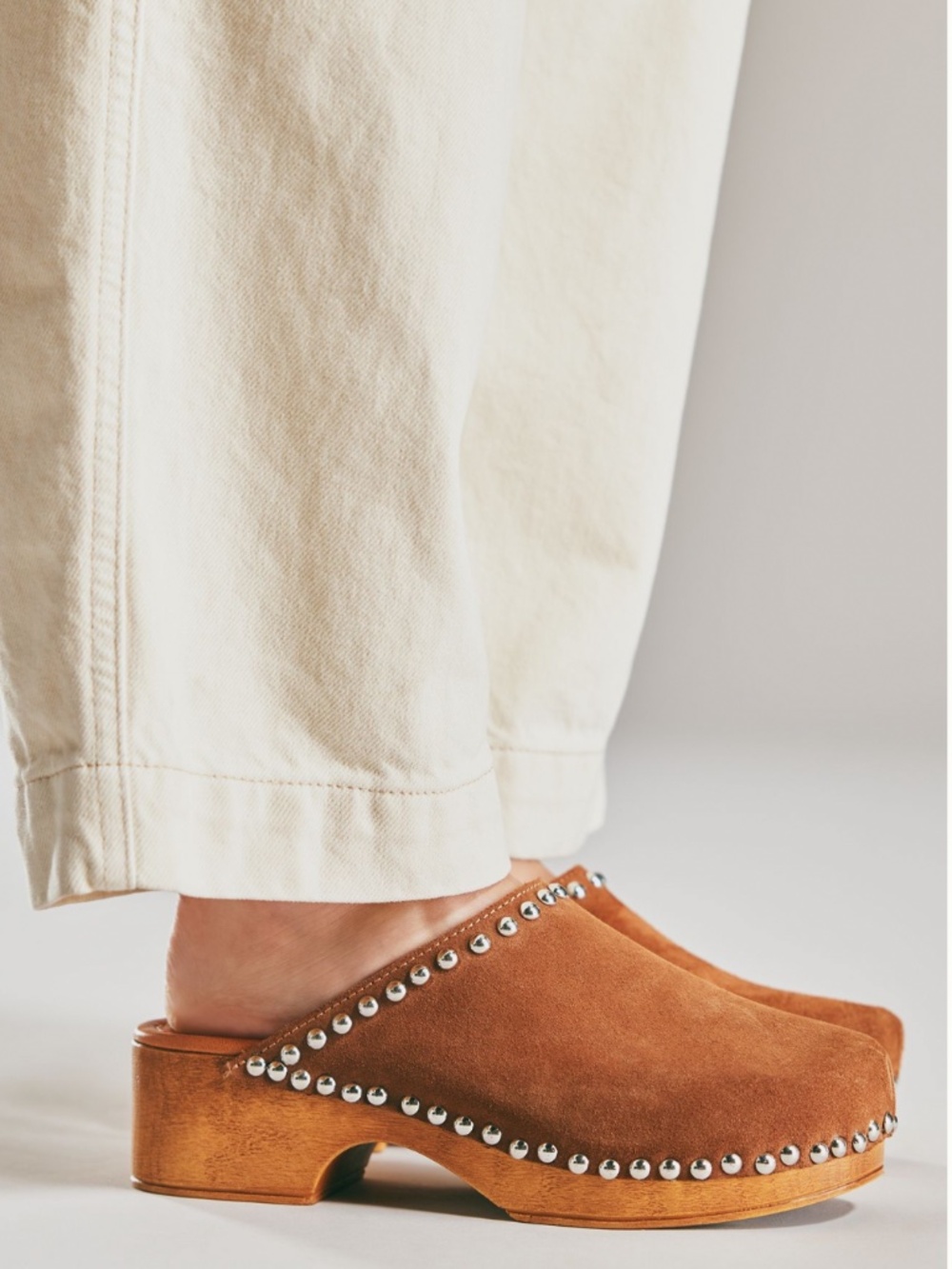 NWT: Tan Suede Studded Wood Bottom Clogs (37 EU - 6 / 6.5 US) - Picture 3 of 6